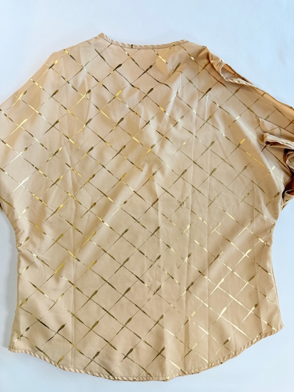 Metallic Gold Beige Grid Coldâ Shoulder Top V-Neck Tie Sleeve Blouse Med - Picture 8 of 10